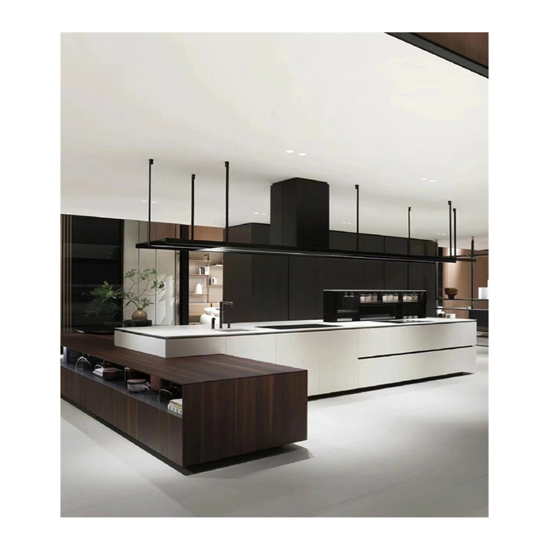 Italian Custom Kitchen Cabinets Utile Black Matt Lacquer Stainless Steel MDF PVC Door with Glass Includes Faucet Home Villa Use