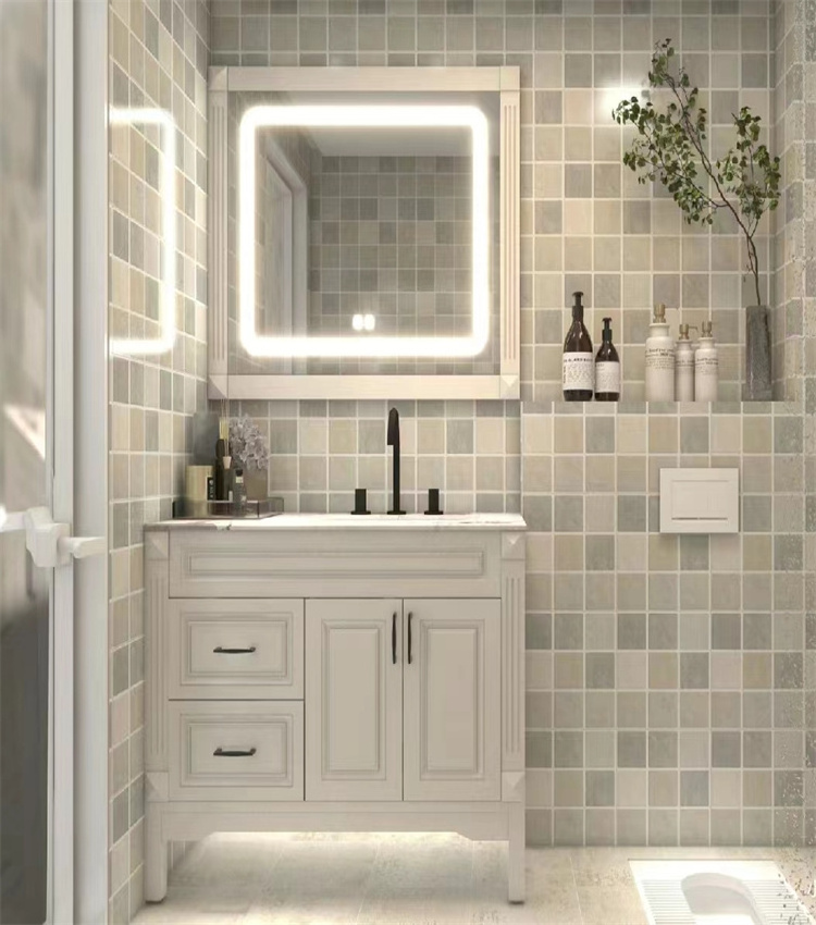 Environment Friendly Modern Wall Mounted Cabinet Vanities Basin And Mirror With Ceramic Square  Bathroom Cabinet