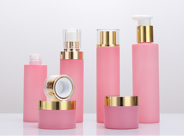 Custom printing containers and packaging plastic bottle glossy pink serum bottle for cosmetic packaging set