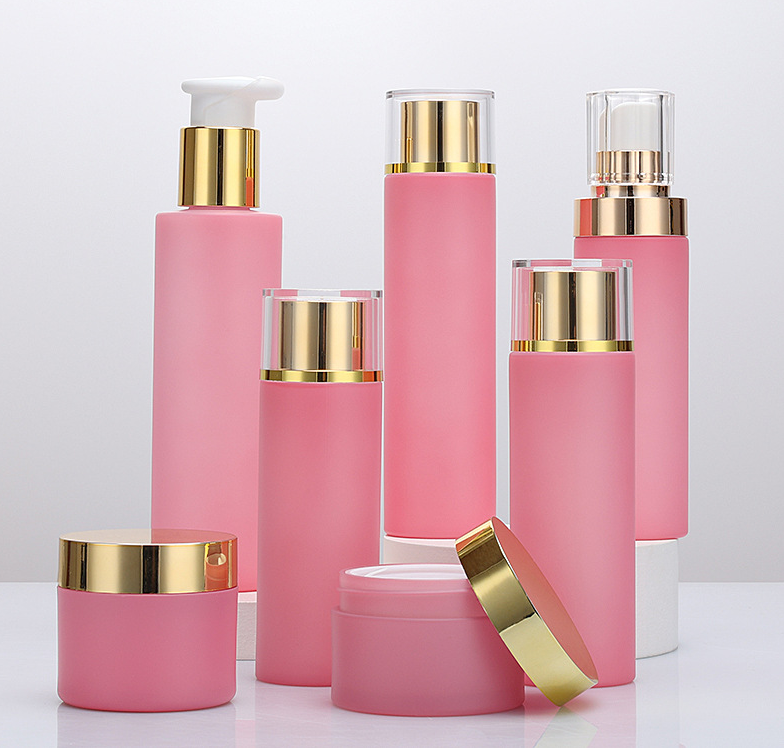 Custom printing containers and packaging plastic bottle glossy pink serum bottle for cosmetic packaging set