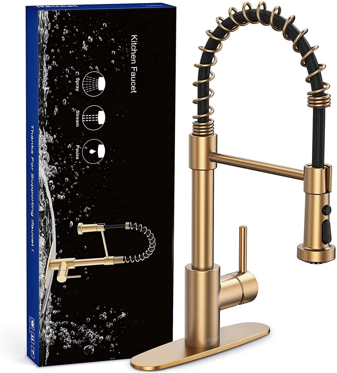 3 Modes Single Handle Gold Kitchen Sink Faucet with Pull Down Sprayer Deck Plate