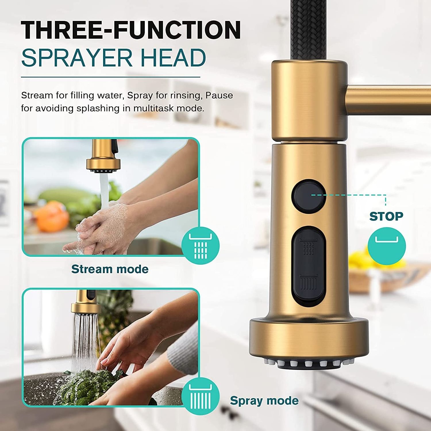 3 Modes Single Handle Gold Kitchen Sink Faucet with Pull Down Sprayer Deck Plate