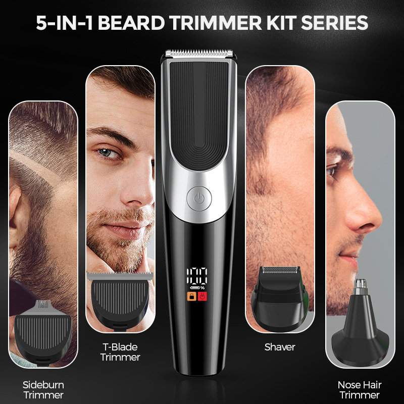 Rechargeable 5 in 1 Grooming Kit LED Display Beard Trimmer Set Cordless Powerful Clipper Hair Cutting Machines Kit