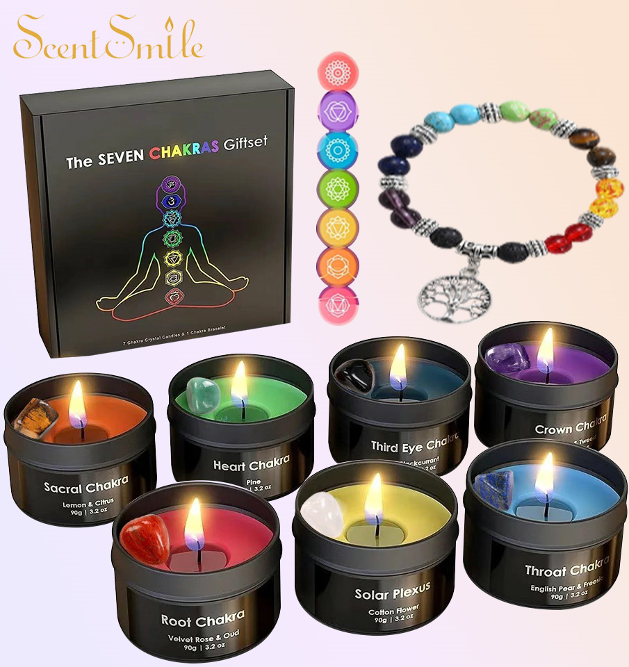 Wholesale Customized Gift Decorative Vanilla Scent Healing Gemstone Infused Crystal 7 Chakra Candles