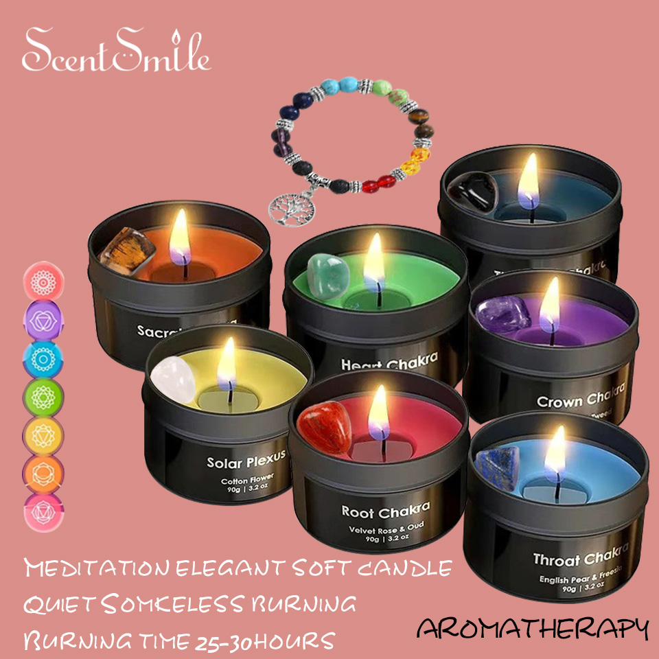 Wholesale Customized Gift Decorative Vanilla Scent Healing Gemstone Infused Crystal 7 Chakra Candles