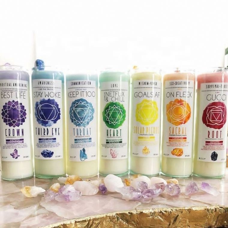 SS05 Wholesale 7 Days Rainbow Church Religious Energy Spirit Glass Scented Chakra Candle