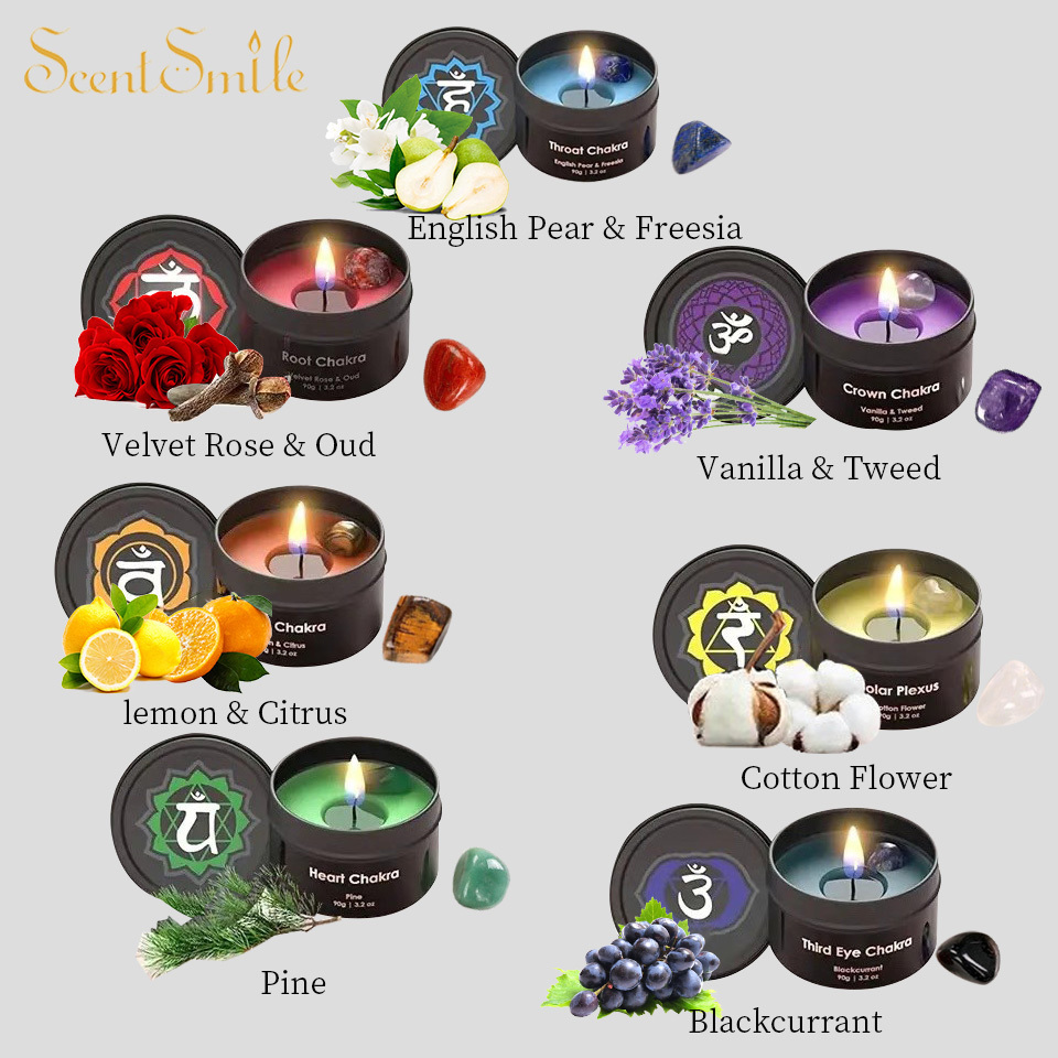 Wholesale Customized Gift Decorative Vanilla Scent Healing Gemstone Infused Crystal 7 Chakra Candles