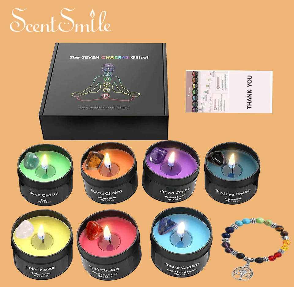 Wholesale Customized Gift Decorative Vanilla Scent Healing Gemstone Infused Crystal 7 Chakra Candles