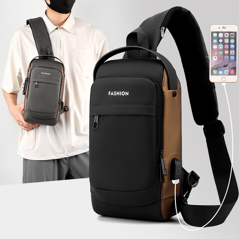 UUBAG Stock Waterproof Anti Theft Designer Password Lock Chest Bag with USB Chest  Bag For Men