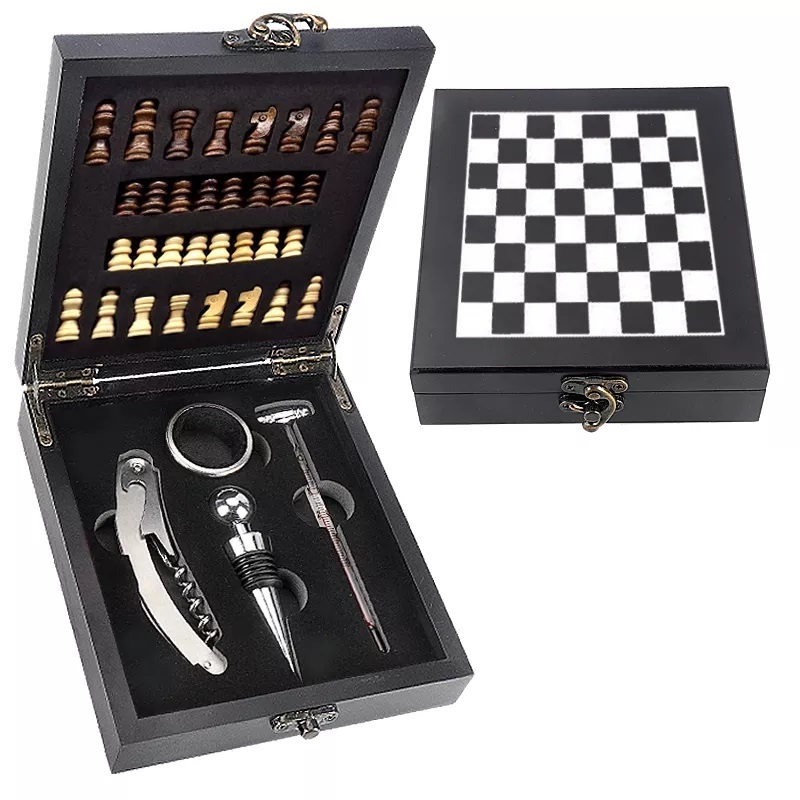 Wholesale Luxury Wine Opener Gift Set Wine Tools Accessories Stainless Steel Wine Opener Corkscrew Set Wooden Box With Chess