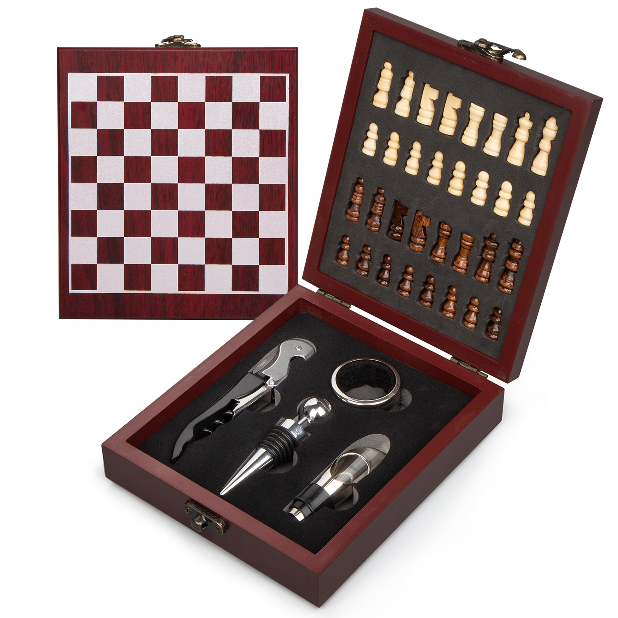 Wholesale Luxury Wine Opener Gift Set Wine Tools Accessories Stainless Steel Wine Opener Corkscrew Set Wooden Box With Chess