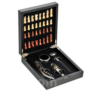 Wholesale Luxury Wine Opener Gift Set Wine Tools Accessories Stainless Steel Wine Opener Corkscrew Set Wooden Box With Chess