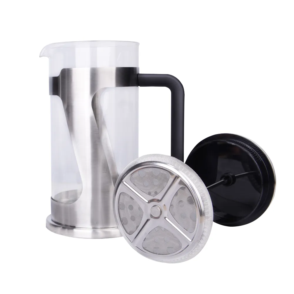 Durable Borosilicate Glass French Press for Coffee Silver 304 Stainless Steel and Custom Logo Coffee Tea Maker French Press