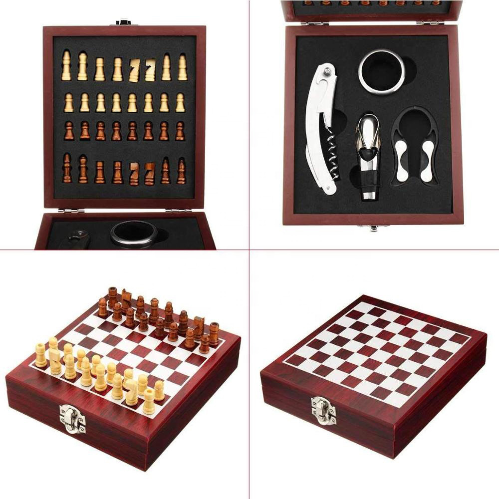 High Quality Creative Wine Tool Bottle Can Opener Wine Accessories Set with Chess Wooden Box Wine Set