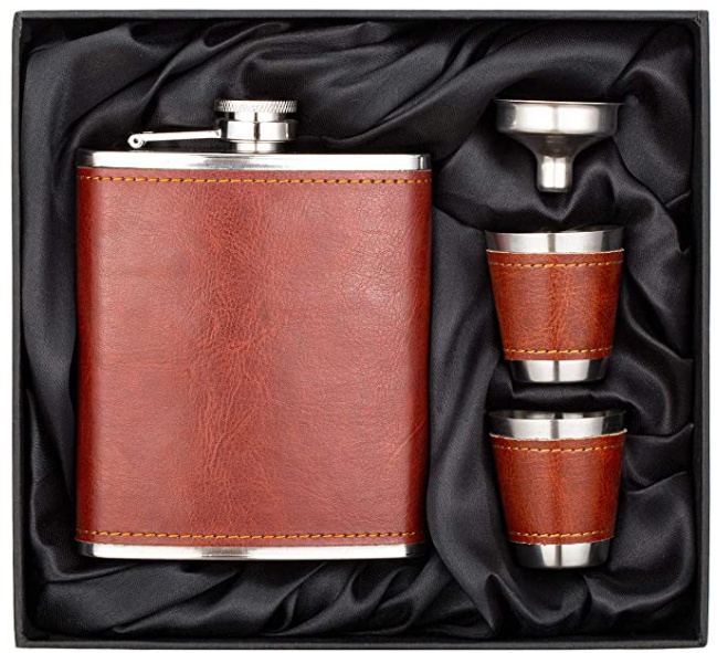 Customized LOGO 8OZ Leather Alcohol Flask Whisky Gift Set Wine Bottle Stainless Steel Hip Flask with 2 Cups and Funnel