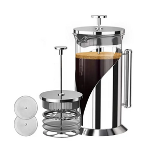 French Press Coffee Maker with 3 Layer Filters, Metal French Press Coffee Pot, Silver Stainless steel and Glass French Pre