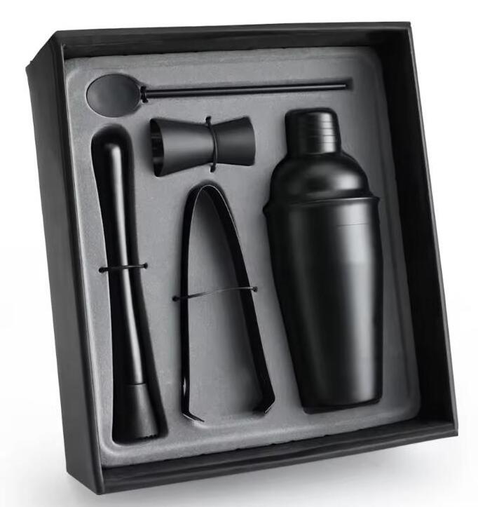 Custom 5 Pieces 550ml Black Stainless Steel Cocktail Shaker Set Bartender Kit In Gift Box