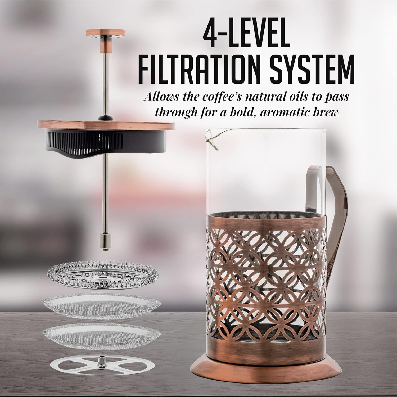 3 Layer Filter System French Press for Coffee and Tea Maker Durable Glass, Copper Stainless Steel French Press