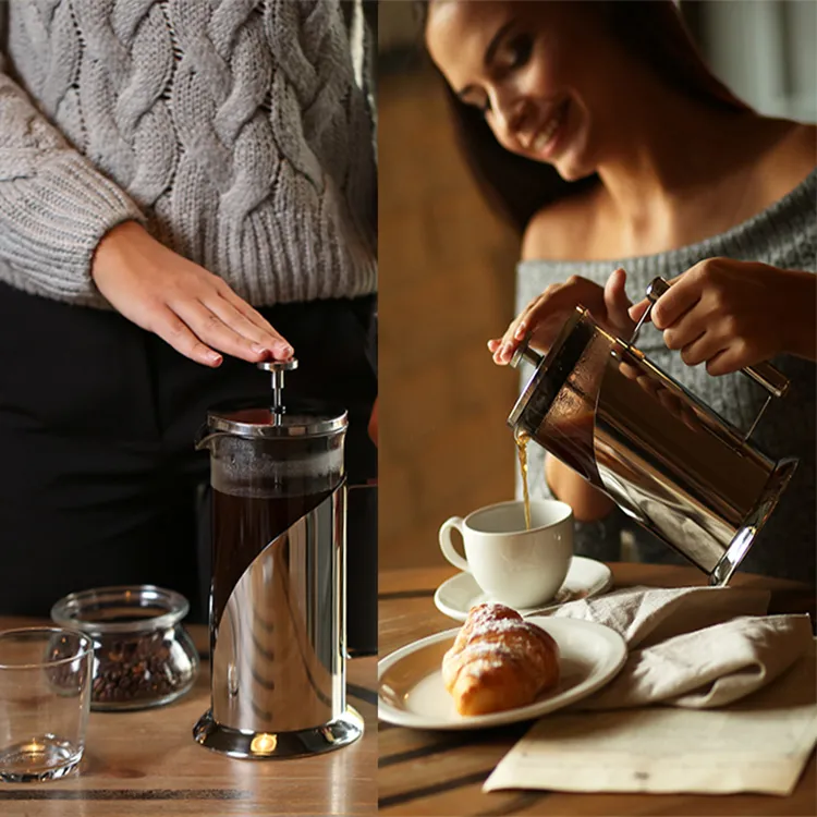 French Press Coffee Maker with 3 Layer Filters, Metal French Press Coffee Pot, Silver Stainless steel and Glass French Pre