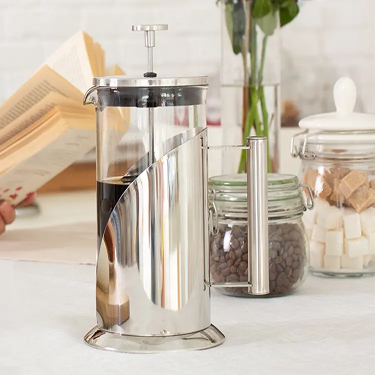 French Press Coffee Maker with 3 Layer Filters, Metal French Press Coffee Pot, Silver Stainless steel and Glass French Pre