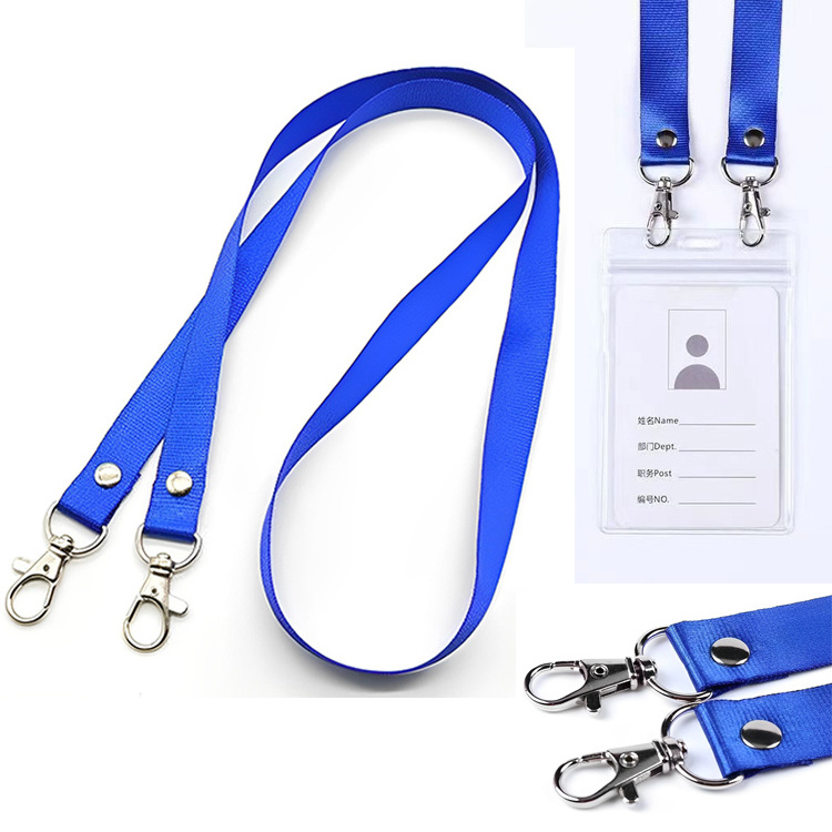 Plain Id Badge Card Lanyard With Plastic Holder Lanyard Double Hook With Id Card Badge Holder Blue