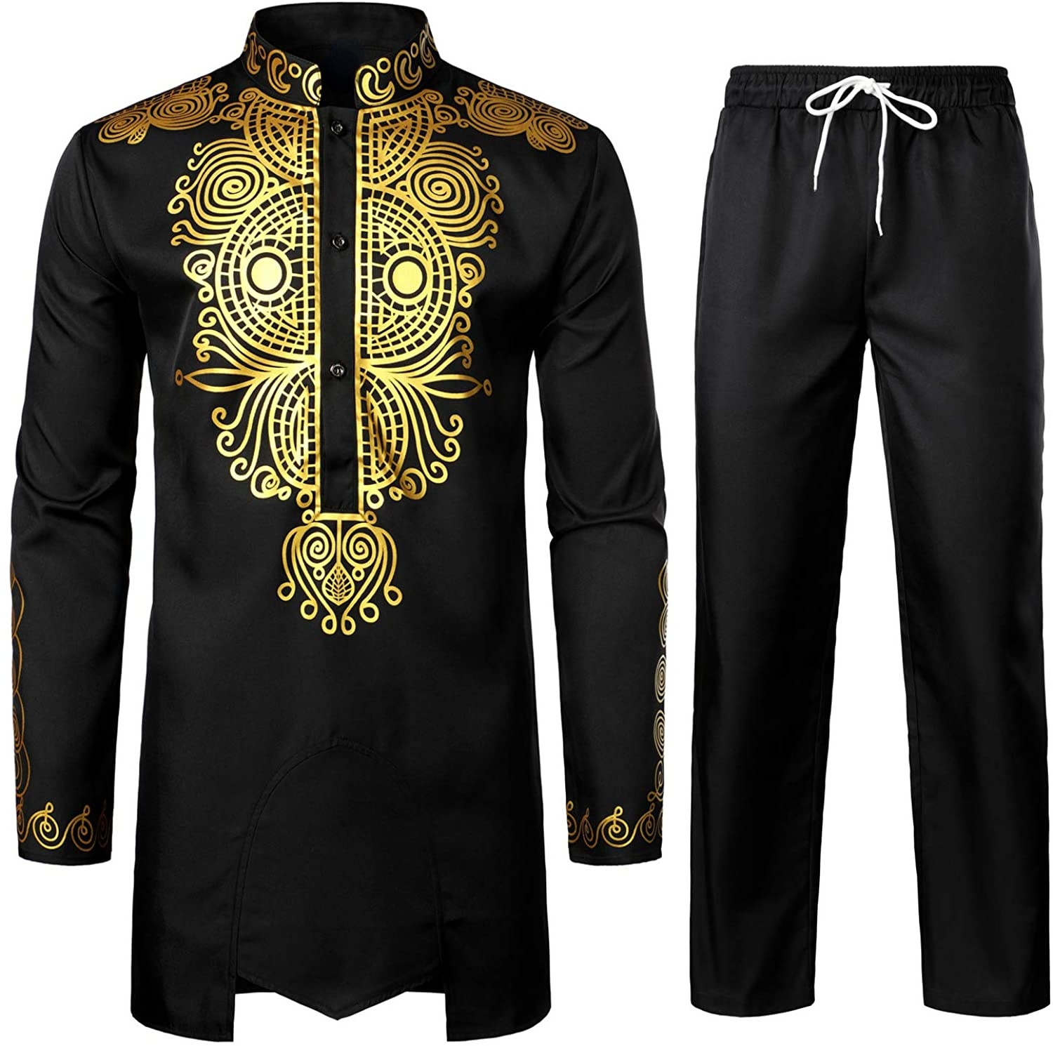 Men African 2 Piece Set Long Sleeve Gold Print Dashiki and Pants Outfit Traditional Suit