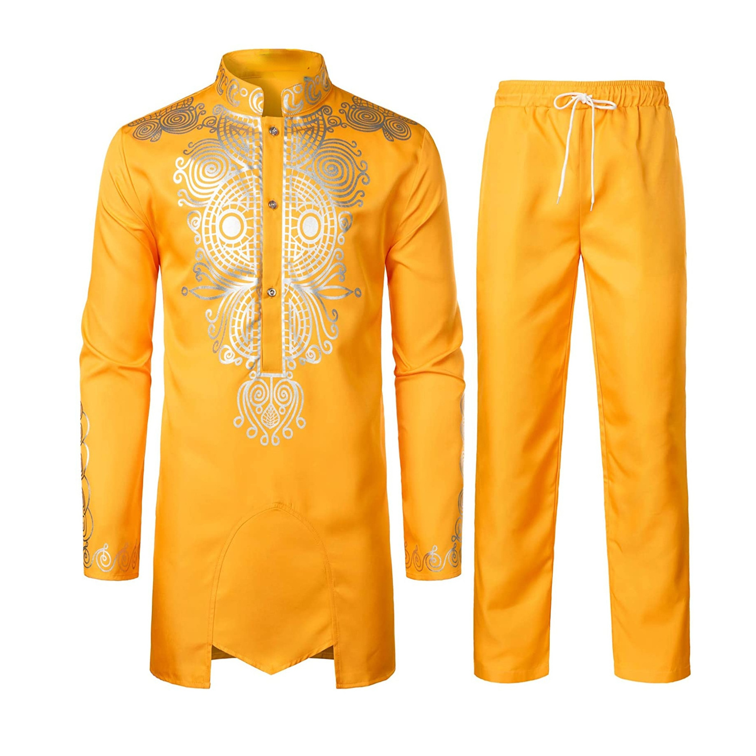 Men African 2 Piece Set Long Sleeve Gold Print Dashiki and Pants Outfit Traditional Suit