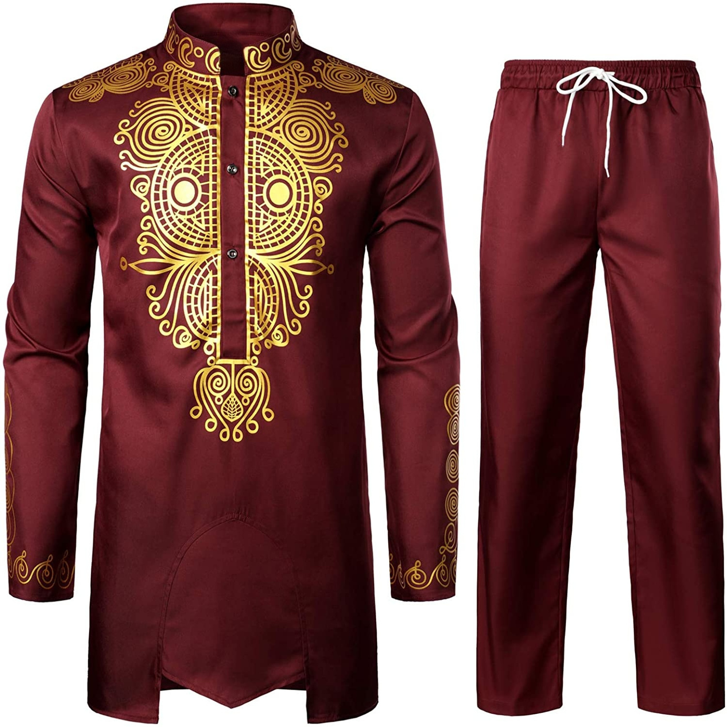 Men African 2 Piece Set Long Sleeve Gold Print Dashiki and Pants Outfit Traditional Suit