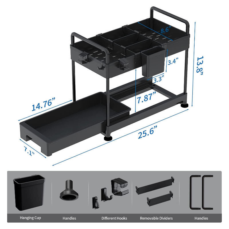 Kitchen Sliding Cabinet Basket Organizer 2 Tier Under Sink Storage Rack Spice Shelf