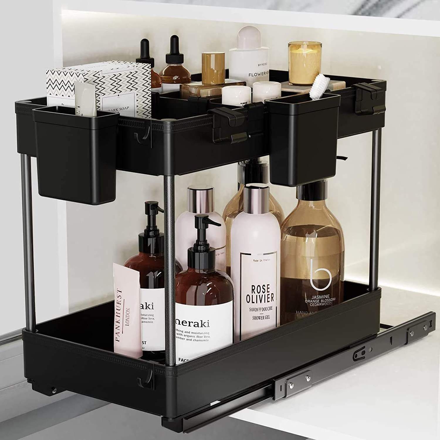 Under Sink Organizers And Storage 2 Tier Sliding Bathroom Cabinet Plastic Drawer Organizer Shelf Pull-out Storage Rack