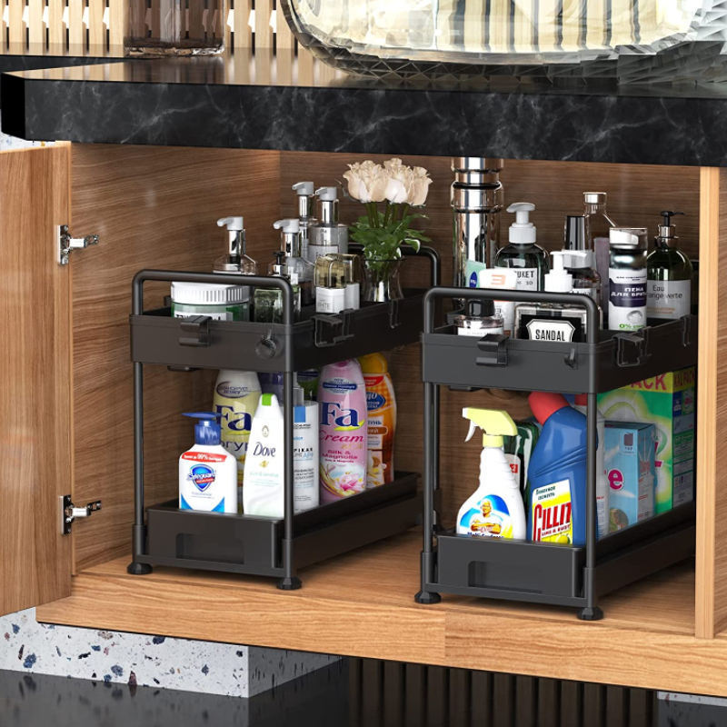 Kitchen Bathroom Pull Out Cabinet Sliding Drawer Rack Under Sink 2 Tier Multi-purpose Organizer Storage