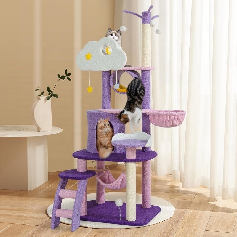 Unique Moon Cloud Cat Tree Tower Cute Cat Houses Sisal Rope Scratching Post Plush Hammock Multi-Level Purple Cat Tree