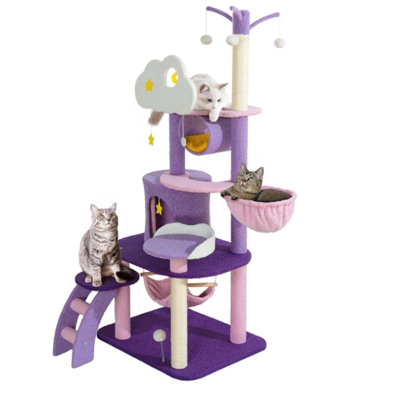 Unique Moon Cloud Cat Tree Tower Cute Cat Houses Sisal Rope Scratching Post Plush Hammock Multi-Level Purple Cat Tree