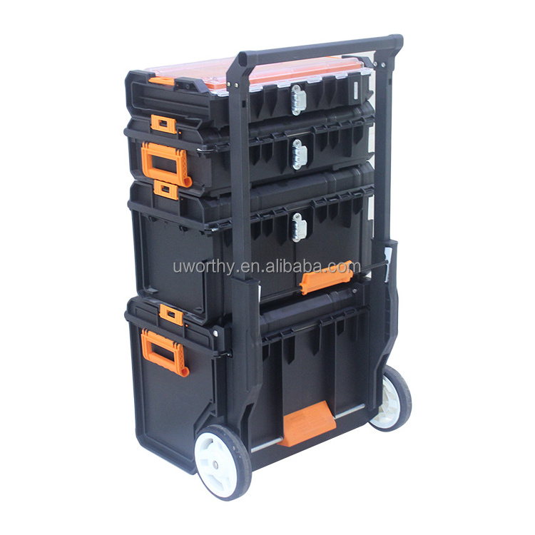 Durable Plastic Storage Trolley Case Mobile Tool Box with Telescopic Handle and Wheels - Mechanic Tool Box with 4 Drawers