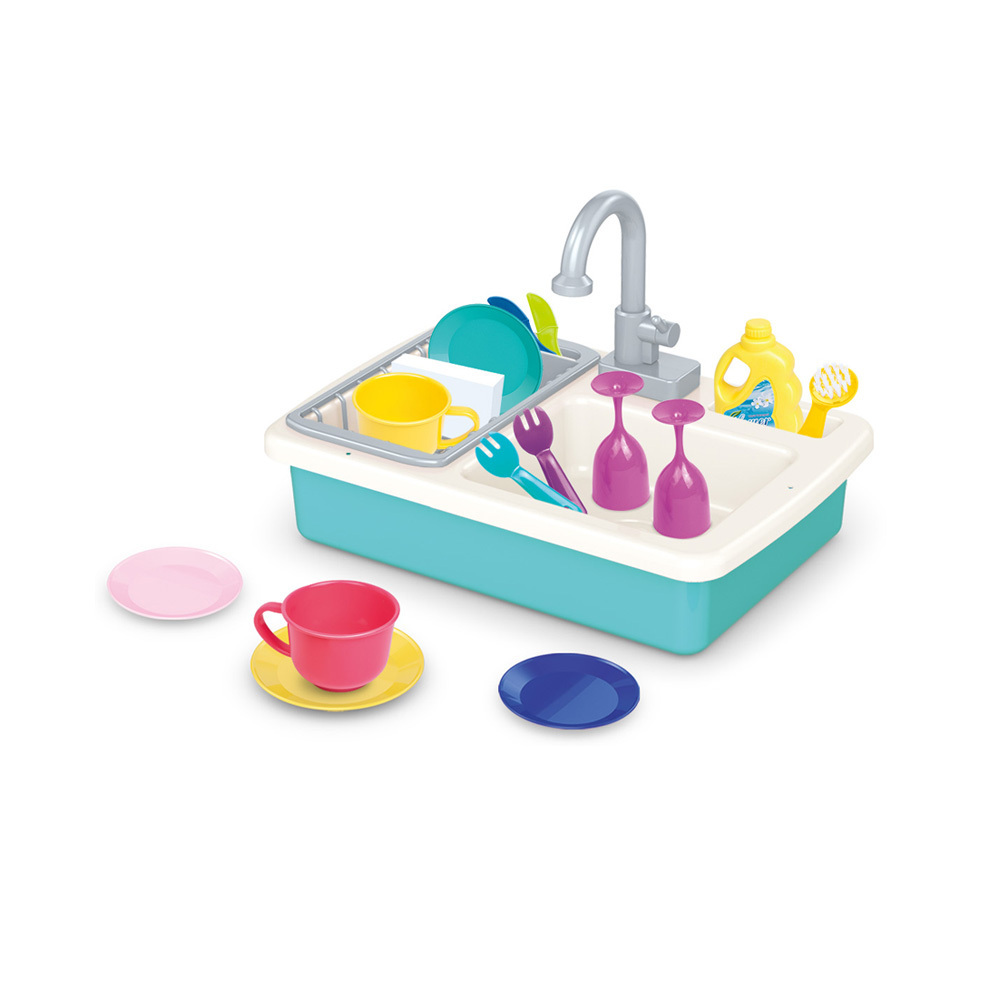 Kitchen Play Sink with Running Water Electric Dishwasher Toy for Kids Pretend Play for Girls and Boys with Real Faucet and Drain