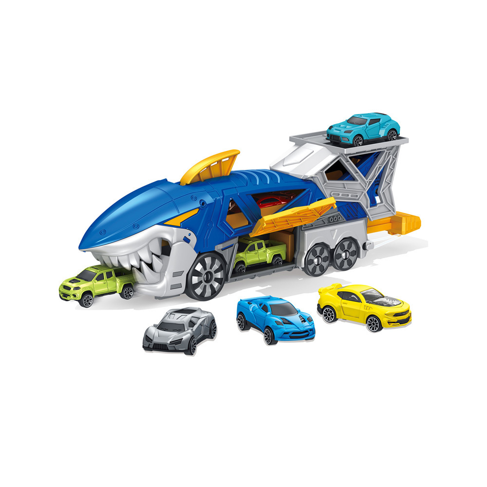 Shark Car Toys Transport Carrier Truck with Mini Car Vehicles  Shark Launch Transporter Toy Car with Tracks Road Signs