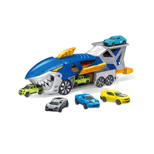 Shark Car Toys Transport Carrier Truck with Mini Car Vehicles  Shark Launch Transporter Toy Car with Tracks Road Signs