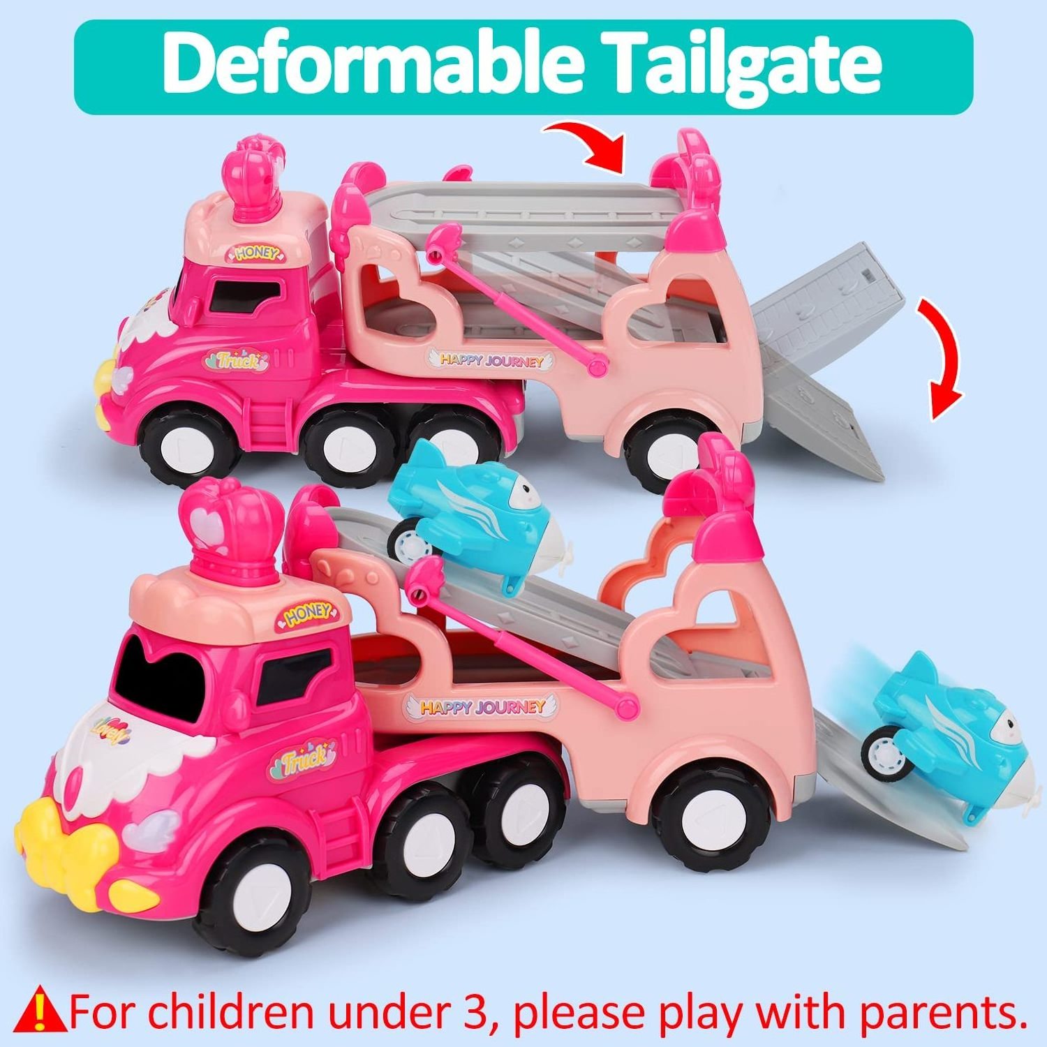 5 in 1 Transport Toy Trucks for Toddlers with Lights Music Pink Princess Car Toys for Girls Carrier Truck Vehicle Little Toddler