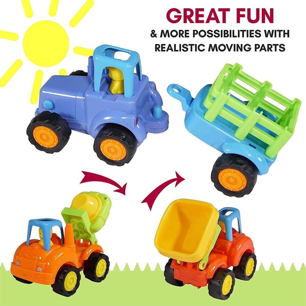 Friction Powered Cars Push and Go (4 Pack), Construction Vehicles Toys for Toddlers Tractor Bulldozer Cement Mixer Dump Truck Ca