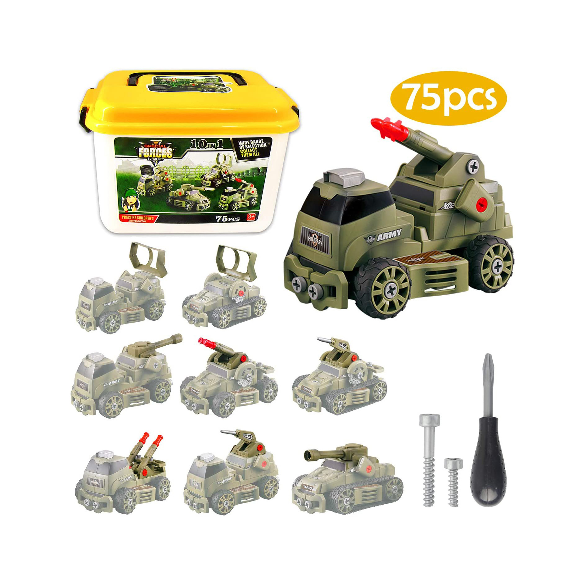 Take Apart Toy STEM 10-in-1 Army Car Toys in Box Build Your Own Military Vehicle with Drill Tools Gift Learning Toys for Kids 3