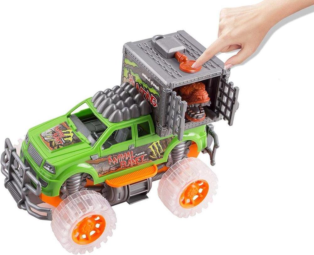 Off-Road SUV Jungle Dinosaur Car - Friction Powered Dino Cage Truck w/ Lighted Wheels Sounds - Big Pull Back Action Toy