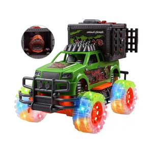 Off-Road SUV Jungle Dinosaur Car - Friction Powered Dino Cage Truck w/ Lighted Wheels Sounds - Big Pull Back Action Toy