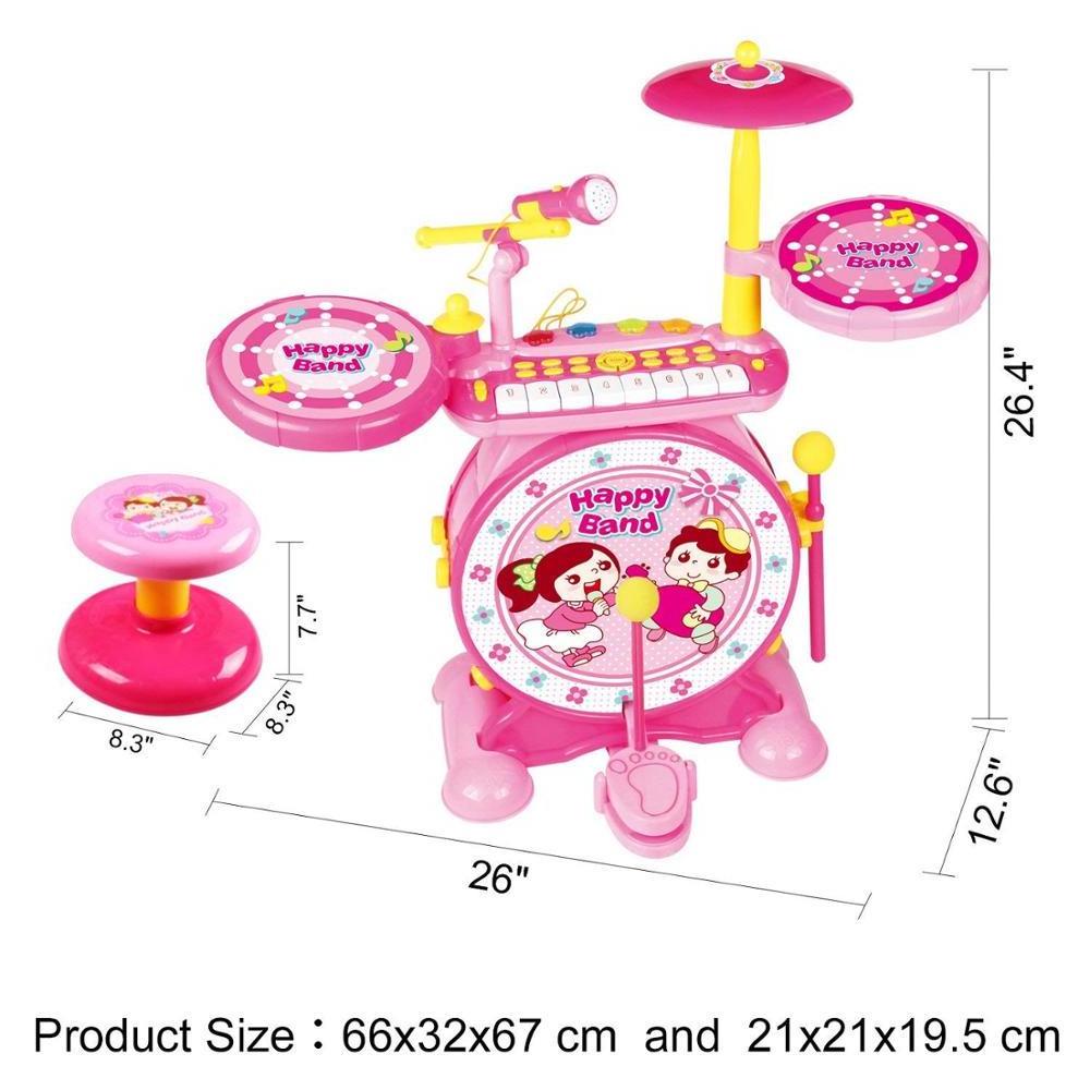 2-in-1Children Musical Instrument Boy & Girl Electronic Rock Roll Jazz Drum Kit Set with Piano Keyboard and Microphone and Stool