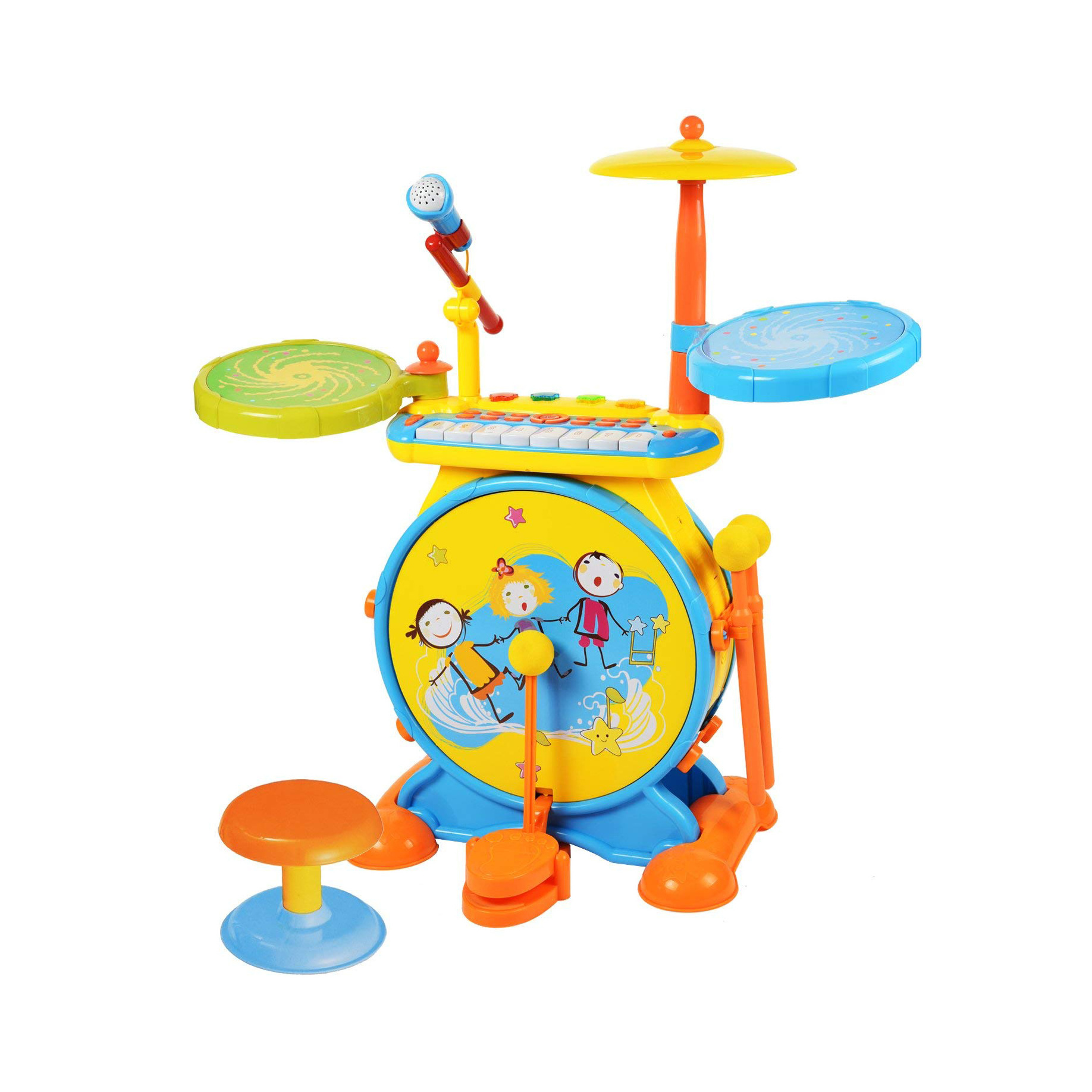 2-in-1Children Musical Instrument Boy & Girl Electronic Rock Roll Jazz Drum Kit Set with Piano Keyboard and Microphone and Stool