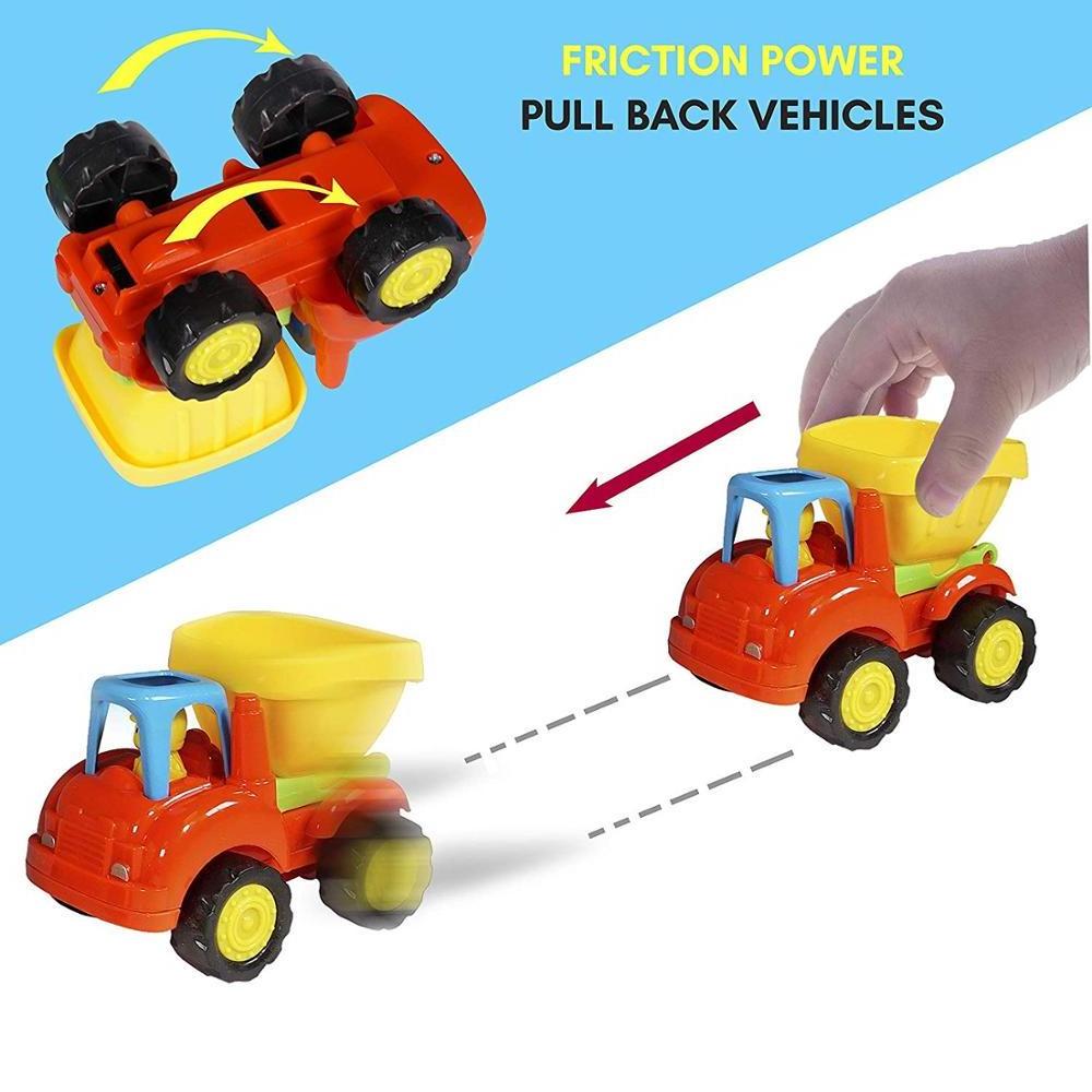 Friction Powered Cars Push and Go (4 Pack), Construction Vehicles Toys for Toddlers Tractor Bulldozer Cement Mixer Dump Truck Ca