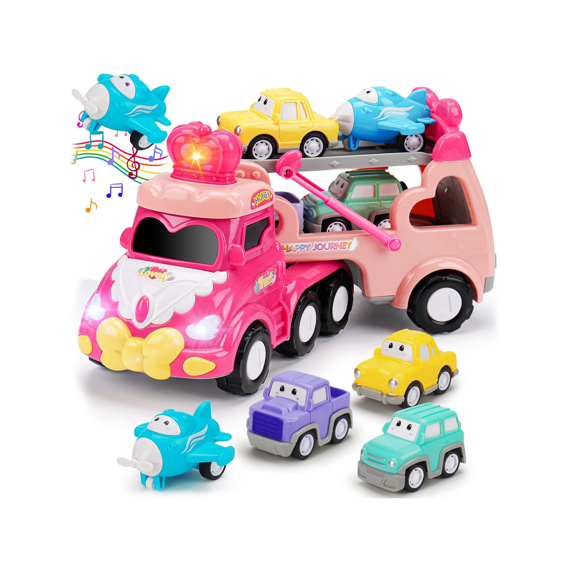 5 in 1 Transport Toy Trucks for Toddlers with Lights Music Pink Princess Car Toys for Girls Carrier Truck Vehicle Little Toddler