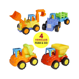 Friction Powered Cars Push and Go (4 Pack), Construction Vehicles Toys for Toddlers Tractor Bulldozer Cement Mixer Dump Truck Ca