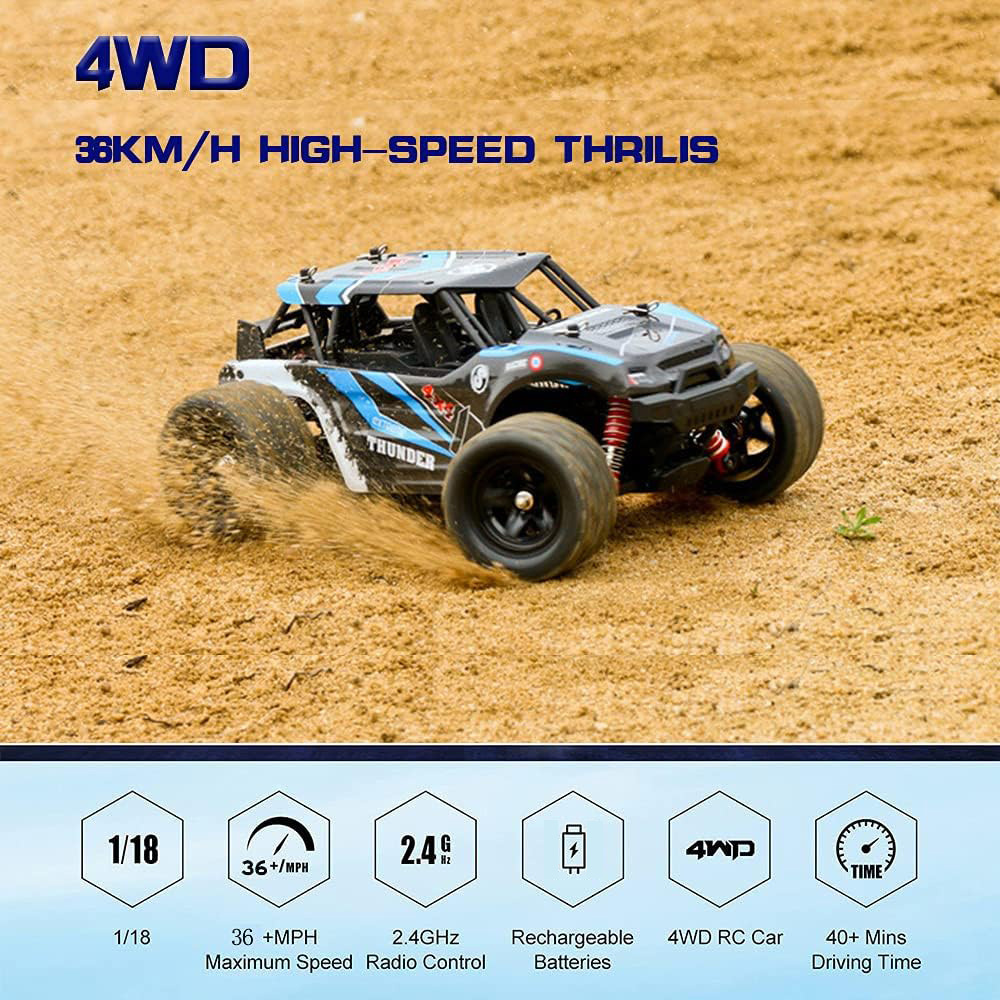 1:18 Scale Remote Control Car: 4WD High-Speed Off-Road Monster Truck, 36+km/h. All Terrain, Rechargeable Battery. Hobby RC Truck