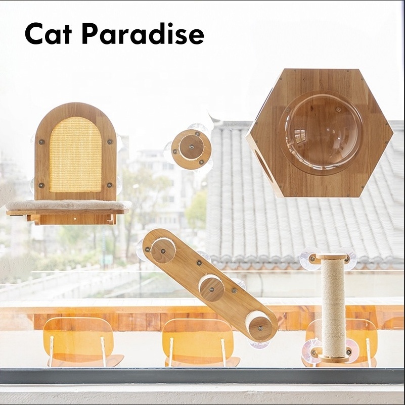 Cat wall furniture kitty window bed foldable cat house wooden climbing frame hammock easy to assemble replaceable mattresses