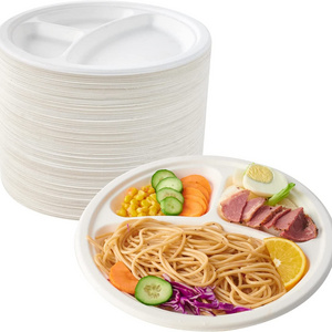 9 Inch 3 Compartment Sugarcane Compartment Biodegradable Paper Plates Disposable Dish For Birthday Party